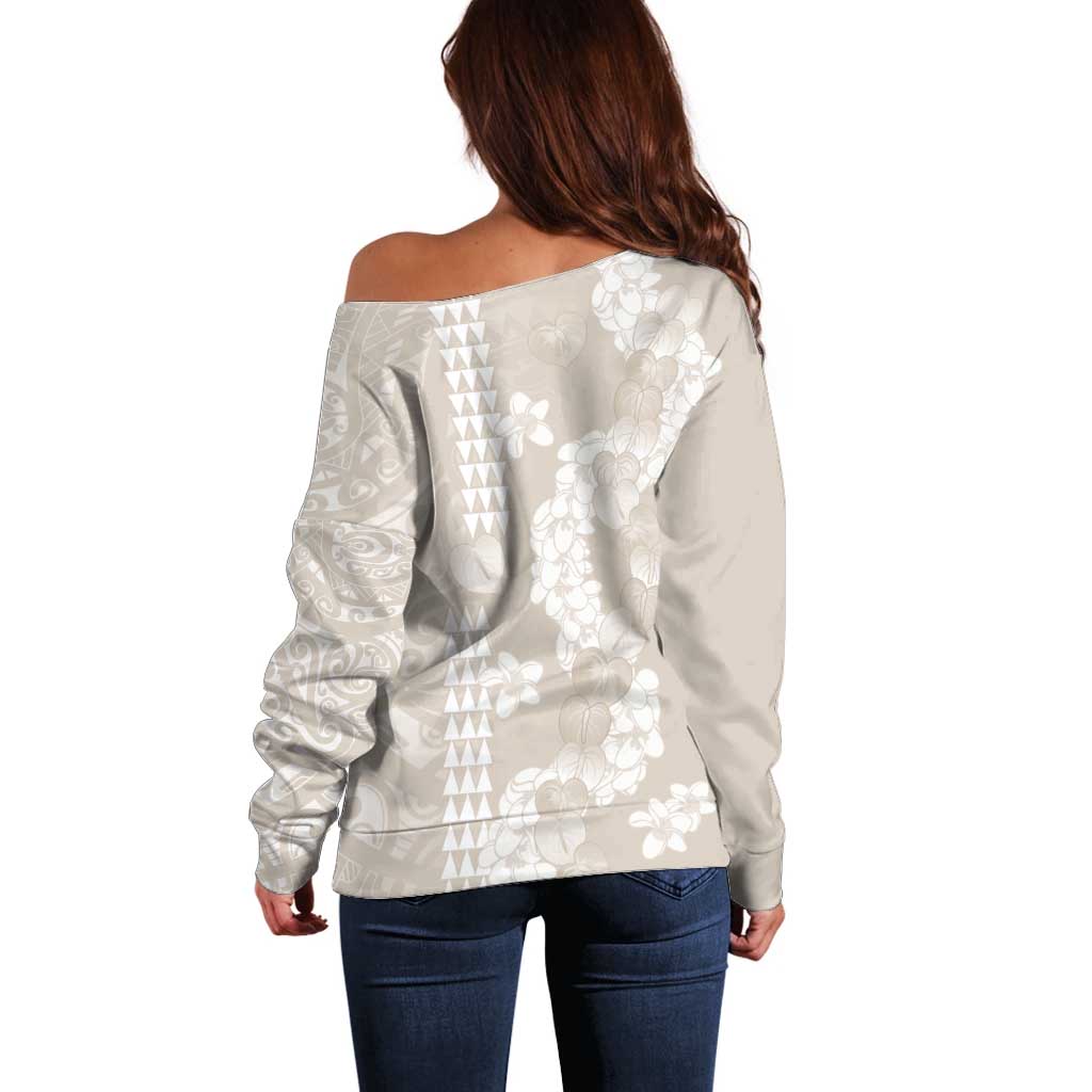 Suede Beige Hawaii Anthurium Plumeria Lei Off Shoulder Sweater