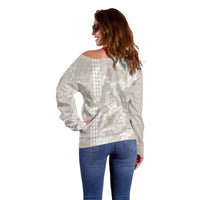 Suede Beige Hawaii Anthurium Plumeria Lei Off Shoulder Sweater