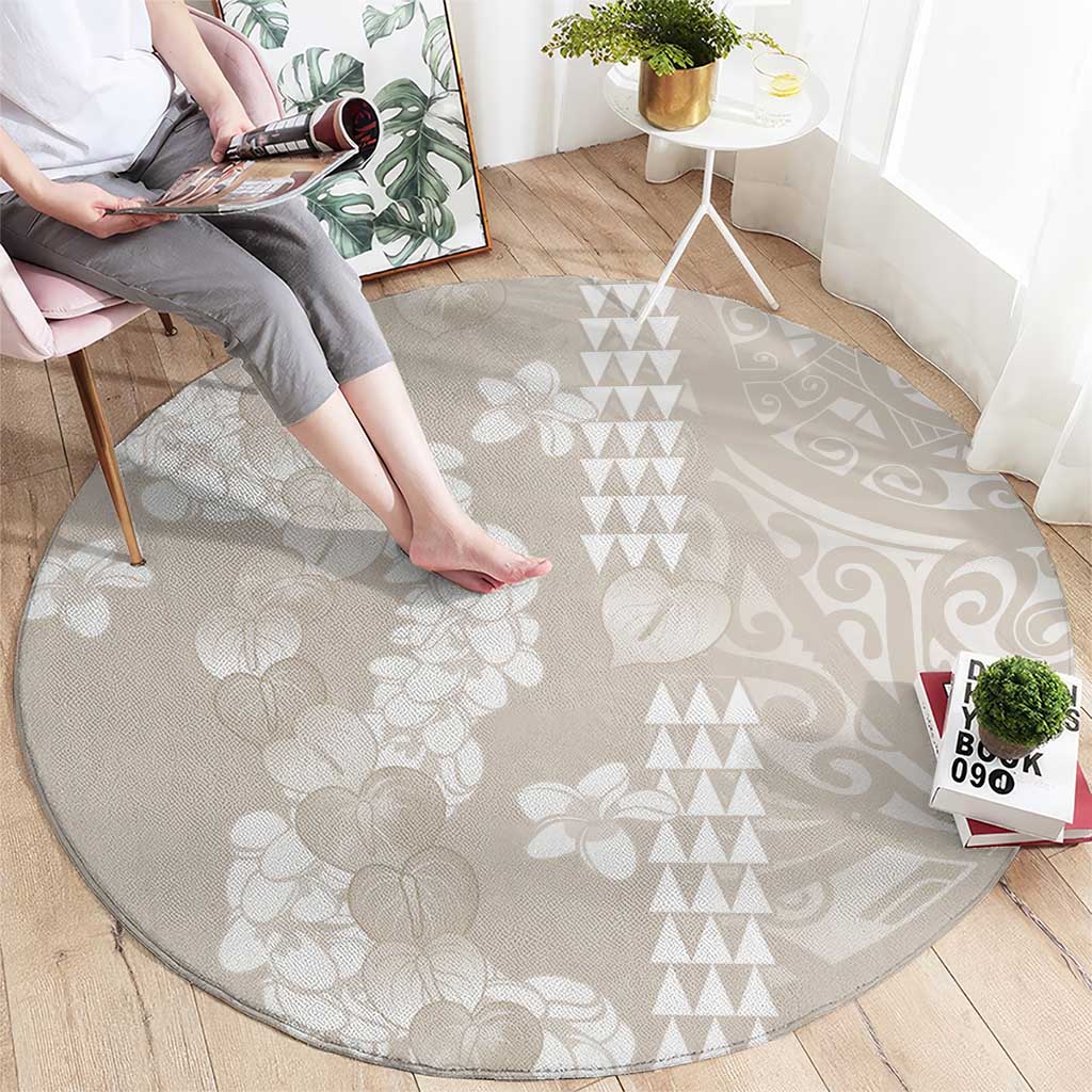 Suede Beige Hawaii Anthurium Plumeria Lei Round Carpet