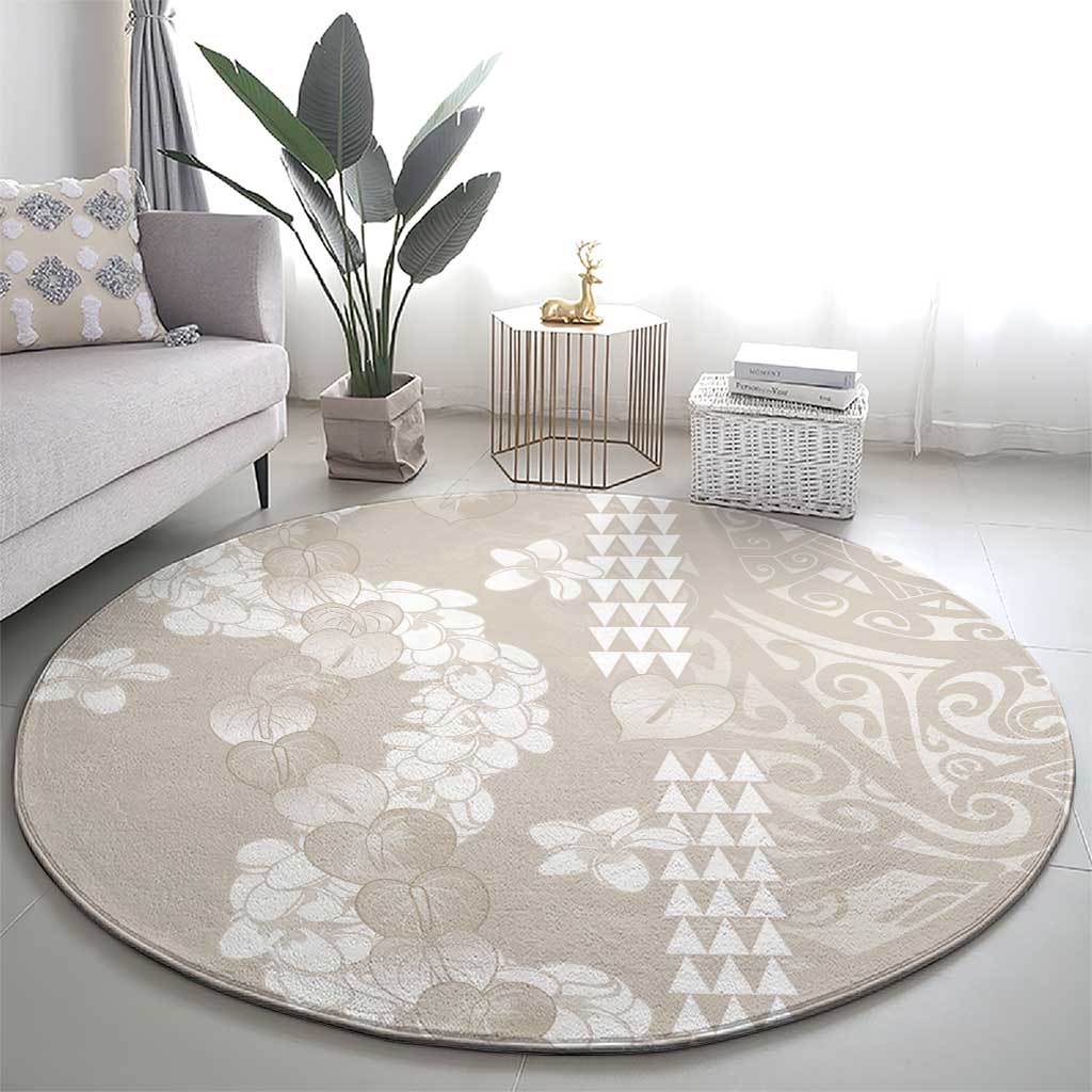Suede Beige Hawaii Anthurium Plumeria Lei Round Carpet