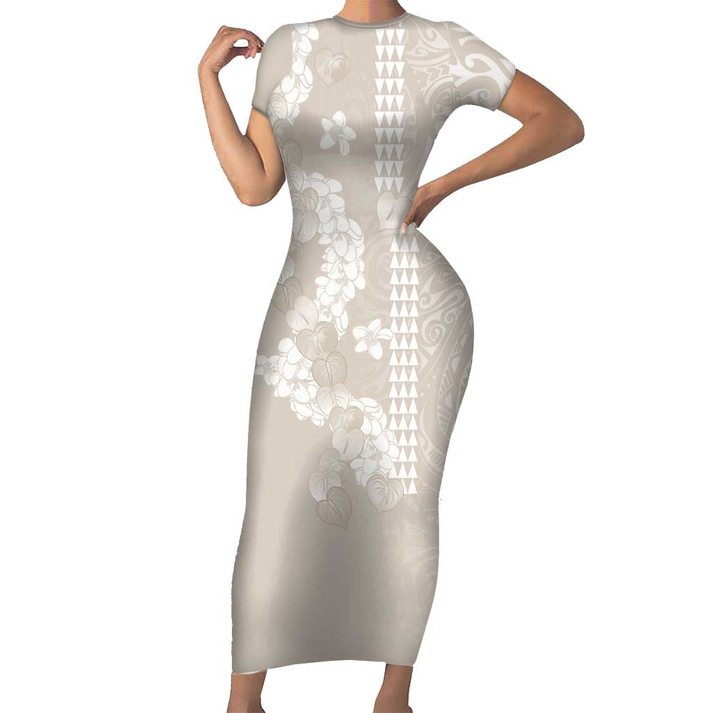 Suede Beige Hawaii Anthurium Plumeria Lei Short Sleeve Bodycon Dress