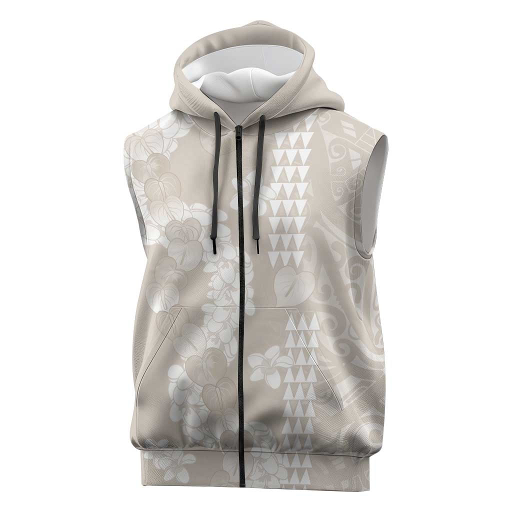 Suede Beige Hawaii Anthurium Plumeria Lei Sleeveless Zip Hoodie