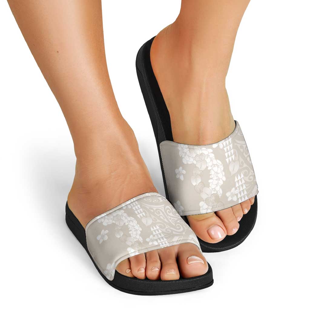 Suede Beige Hawaii Anthurium Plumeria Lei Slide Sandals