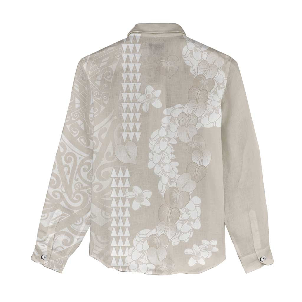 Suede Beige Hawaii Anthurium Plumeria Lei Women Casual Shirt