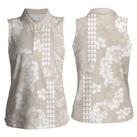 Suede Beige Hawaii Anthurium Plumeria Lei Women Sleeveless Polo Shirt