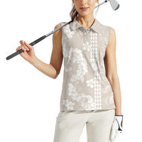 Suede Beige Hawaii Anthurium Plumeria Lei Women Sleeveless Polo Shirt