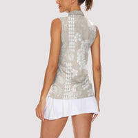 Suede Beige Hawaii Anthurium Plumeria Lei Women Sleeveless Polo Shirt