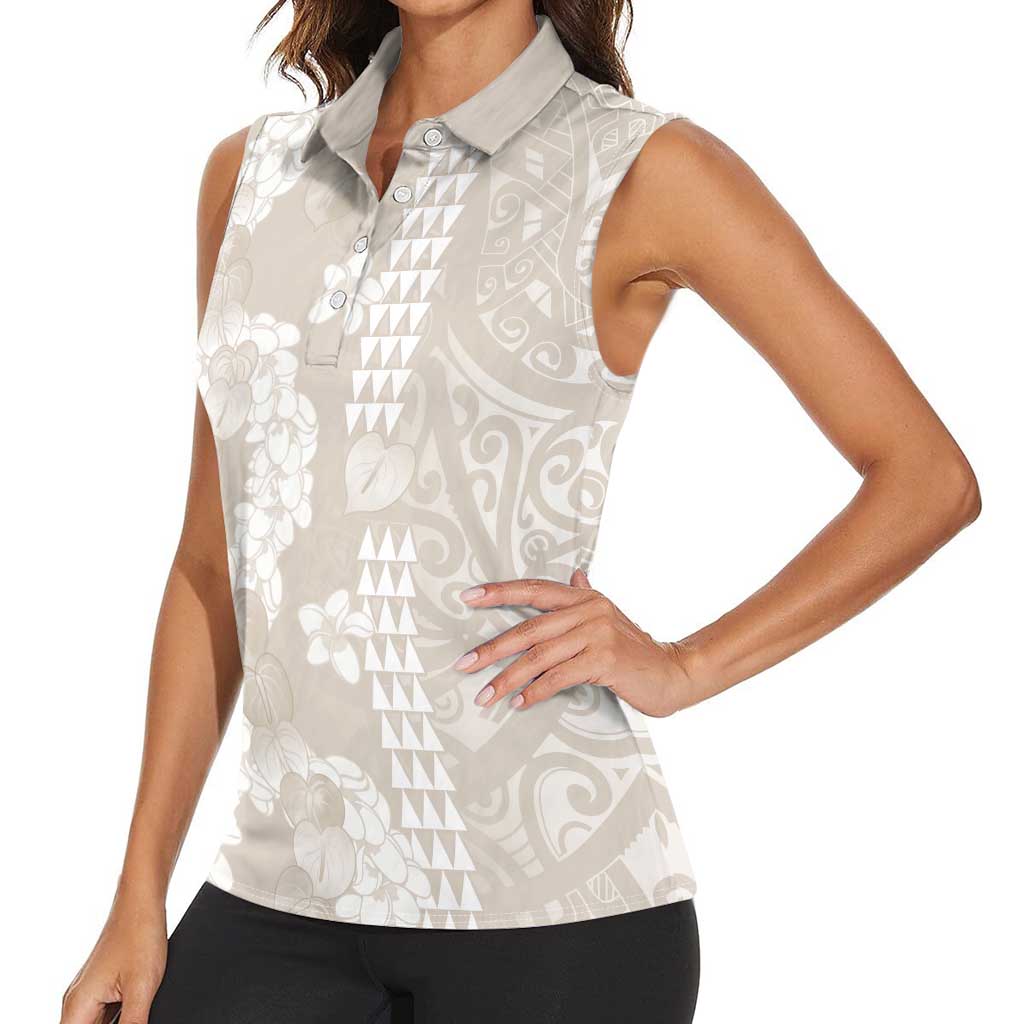 Suede Beige Hawaii Anthurium Plumeria Lei Women Sleeveless Polo Shirt
