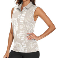 Suede Beige Hawaii Anthurium Plumeria Lei Women Sleeveless Polo Shirt