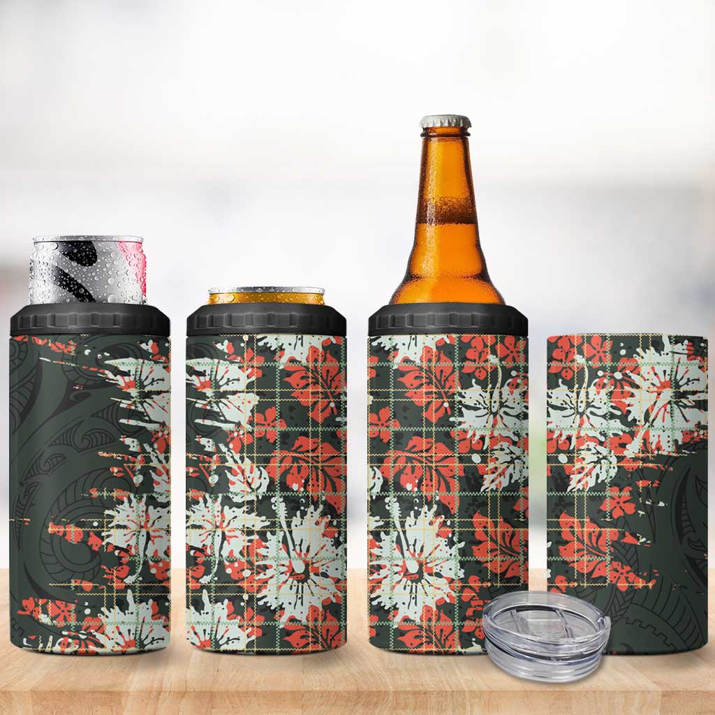 Hawaii Tartan With Hibiscus 4 in 1 Can Cooler Tumbler Polynesian Pattern Vintage