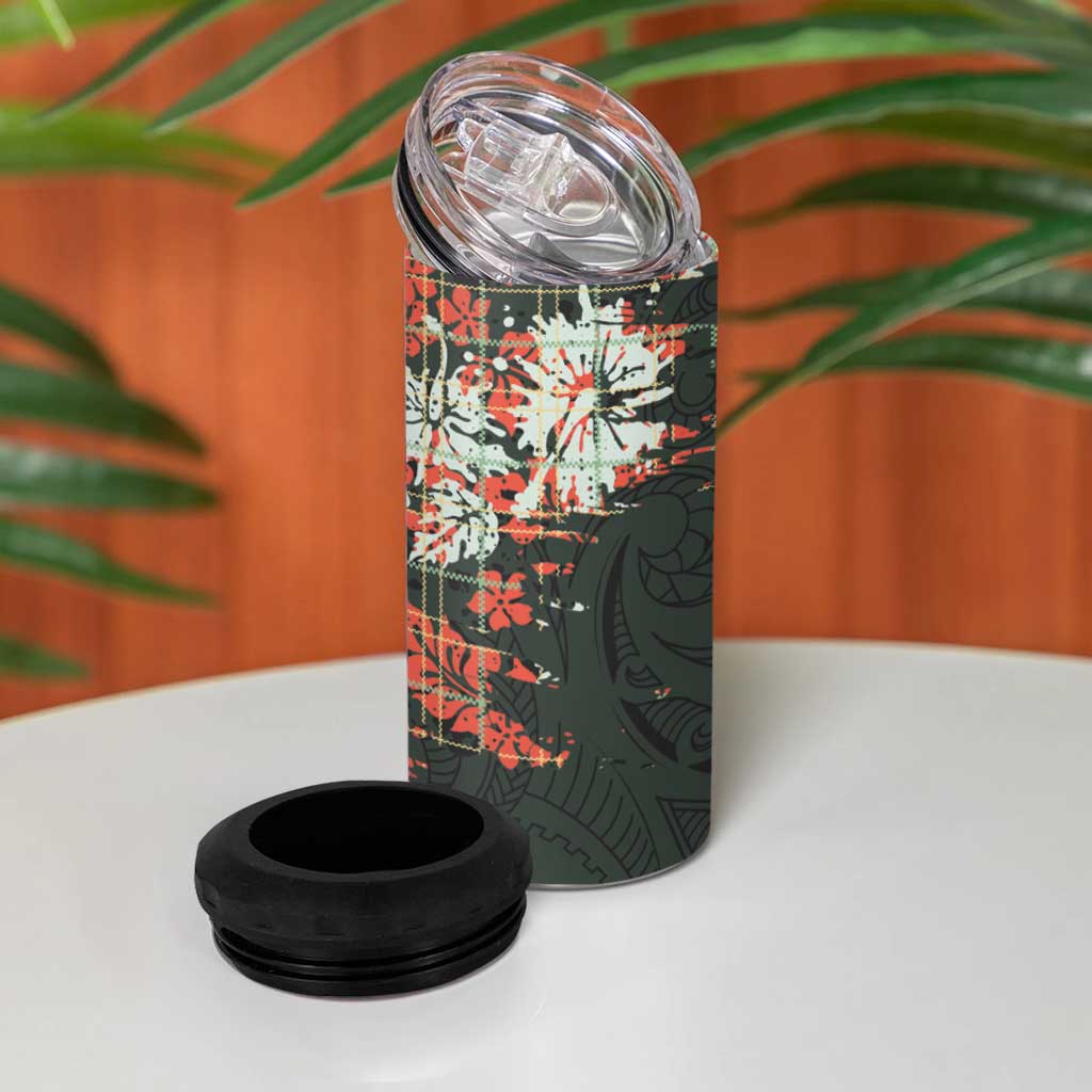 Hawaii Tartan With Hibiscus 4 in 1 Can Cooler Tumbler Polynesian Pattern Vintage