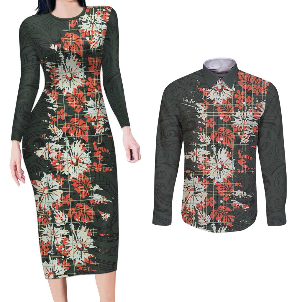 Hawaii Tartan With Hibiscus Couples Matching Long Sleeve Bodycon Dress and Long Sleeve Button Shirt Polynesian Pattern Vintage