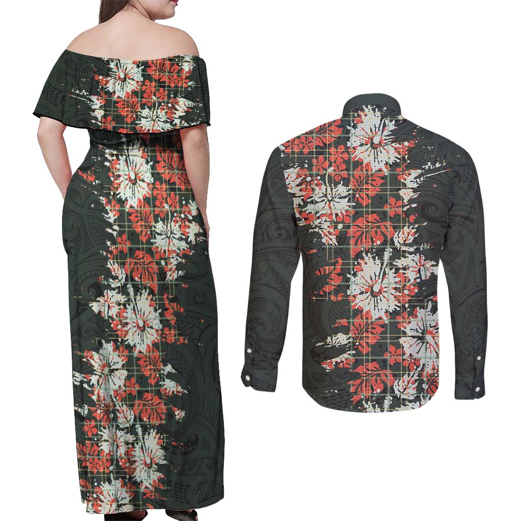 Hawaii Tartan With Hibiscus Couples Matching Off Shoulder Maxi Dress and Long Sleeve Button Shirt Polynesian Pattern Vintage