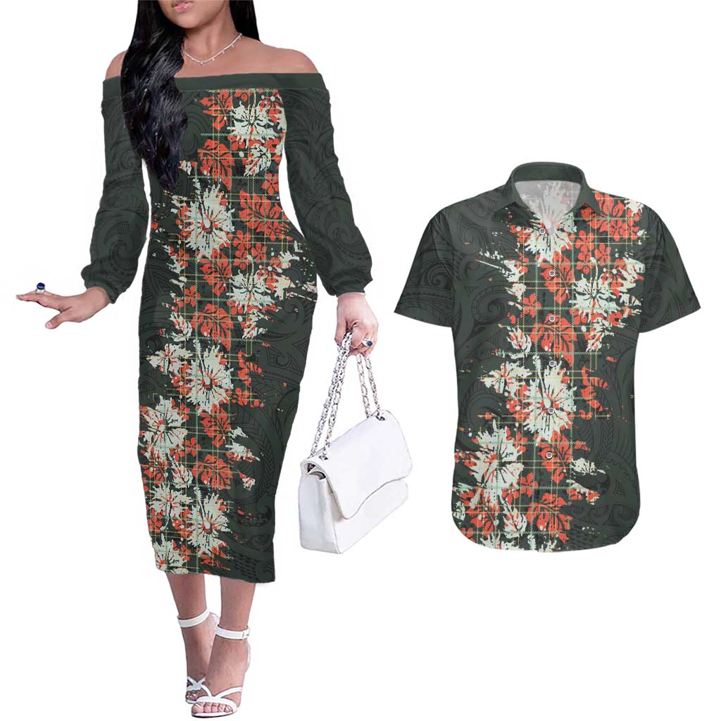 Hawaii Tartan With Hibiscus Couples Matching Off The Shoulder Long Sleeve Dress and Hawaiian Shirt Polynesian Pattern Vintage LT9 Dark Green - Polynesian Pride