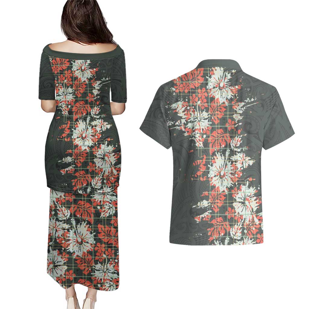 Hawaii Tartan With Hibiscus Couples Matching Puletasi and Hawaiian Shirt Polynesian Pattern Vintage