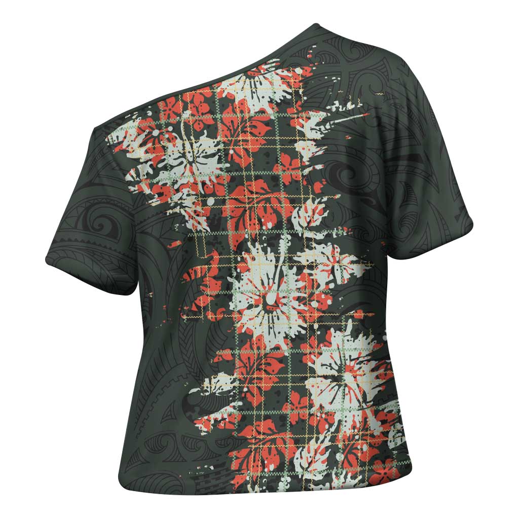 Hawaii Tartan With Hibiscus Cross Shoulder Shirt Polynesian Pattern Vintage