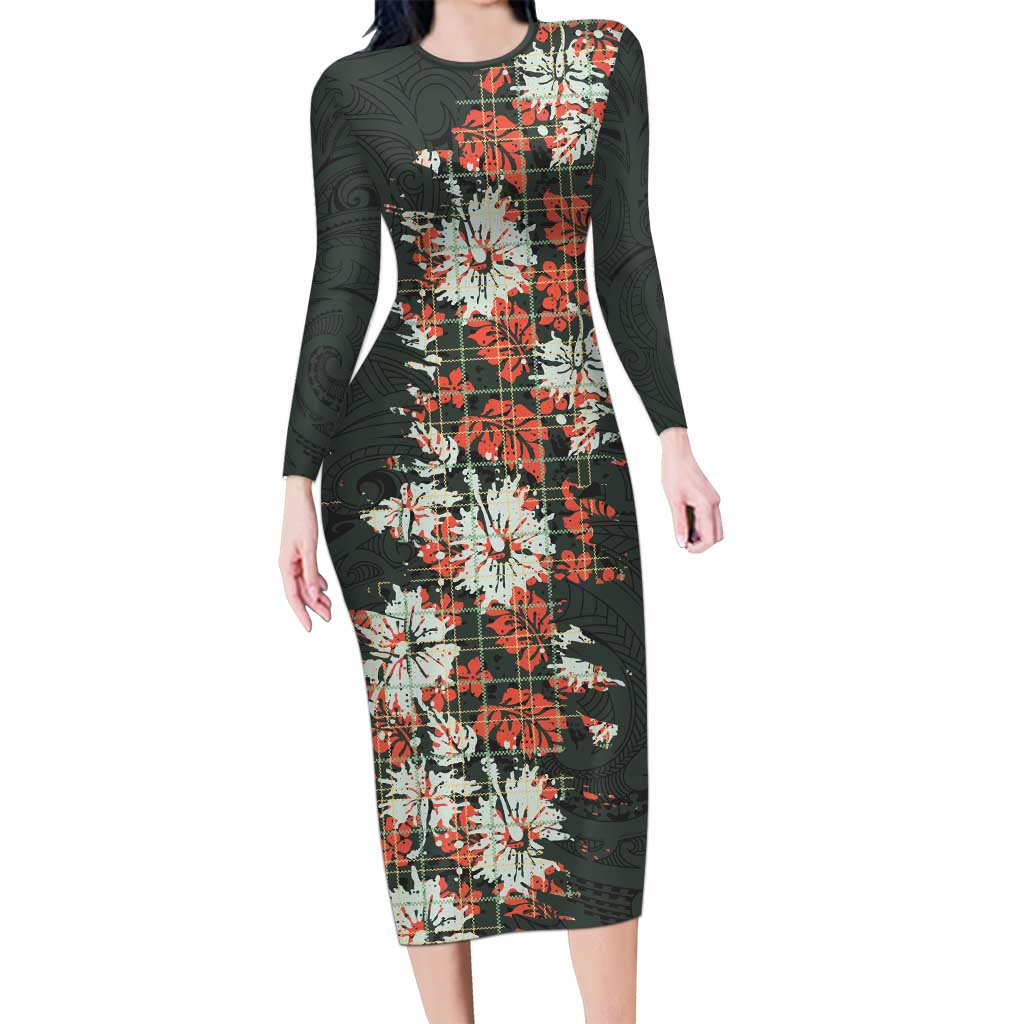 Hawaii Tartan With Hibiscus Family Matching Long Sleeve Bodycon Dress and Hawaiian Shirt Polynesian Pattern Vintage LT9 Mom's Dress Dark Green - Polynesian Pride