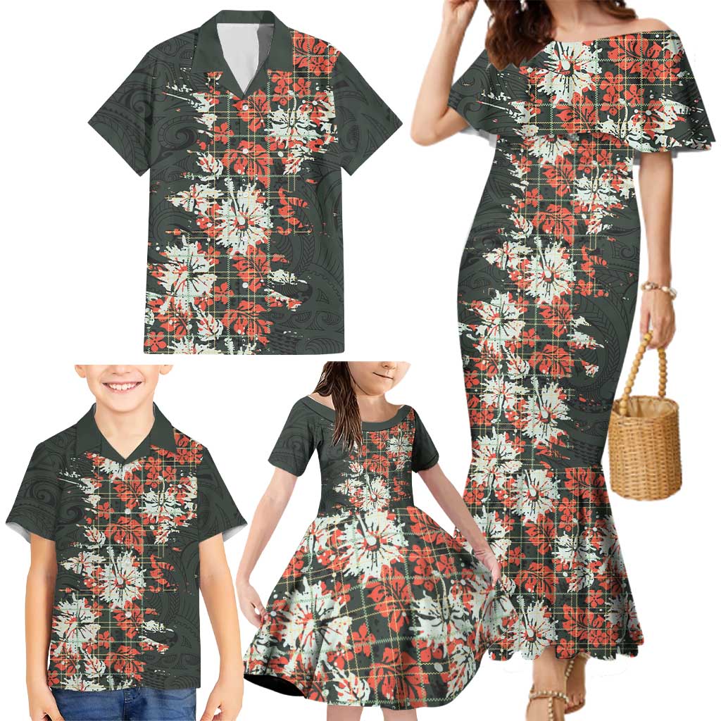 Hawaii Tartan With Hibiscus Family Matching Mermaid Dress and Hawaiian Shirt Polynesian Pattern Vintage