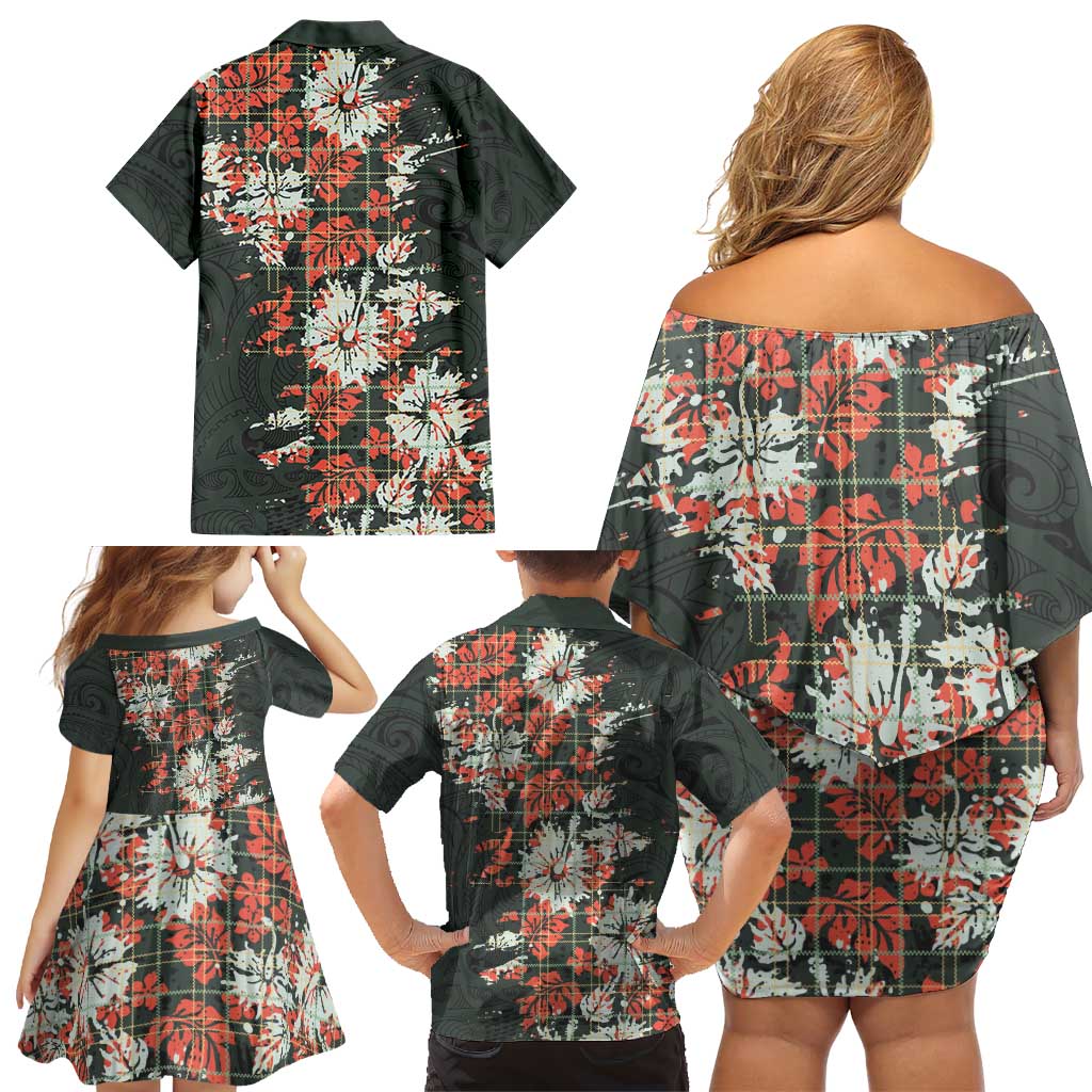 Hawaii Tartan With Hibiscus Family Matching Off Shoulder Short Dress and Hawaiian Shirt Polynesian Pattern Vintage