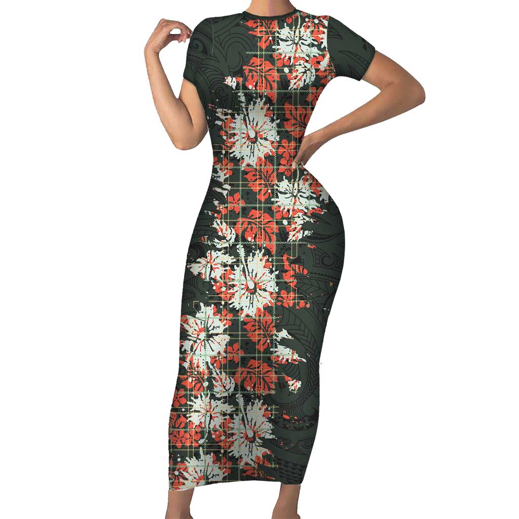 Hawaii Tartan With Hibiscus Family Matching Short Sleeve Bodycon Dress and Hawaiian Shirt Polynesian Pattern Vintage LT9 Mom's Dress Dark Green - Polynesian Pride