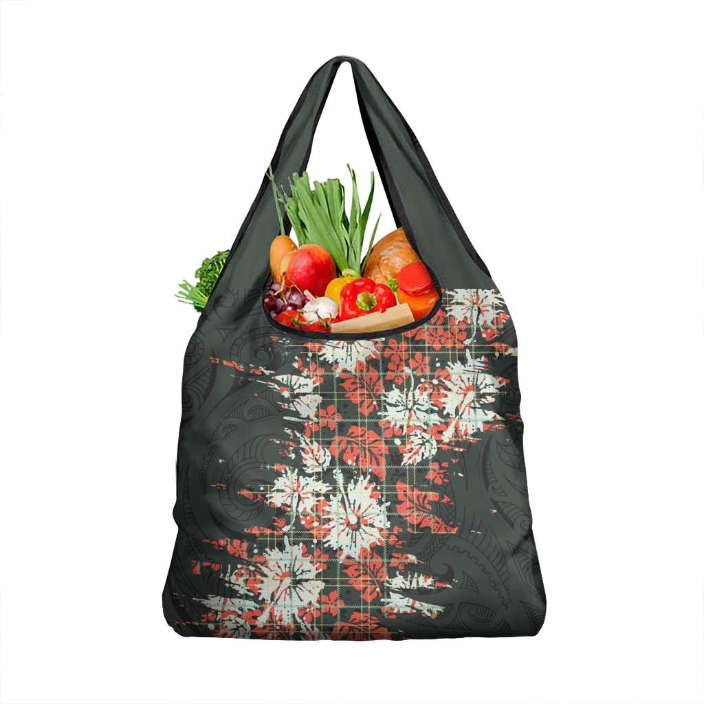 Hawaii Tartan With Hibiscus Grocery Bag Polynesian Pattern Vintage