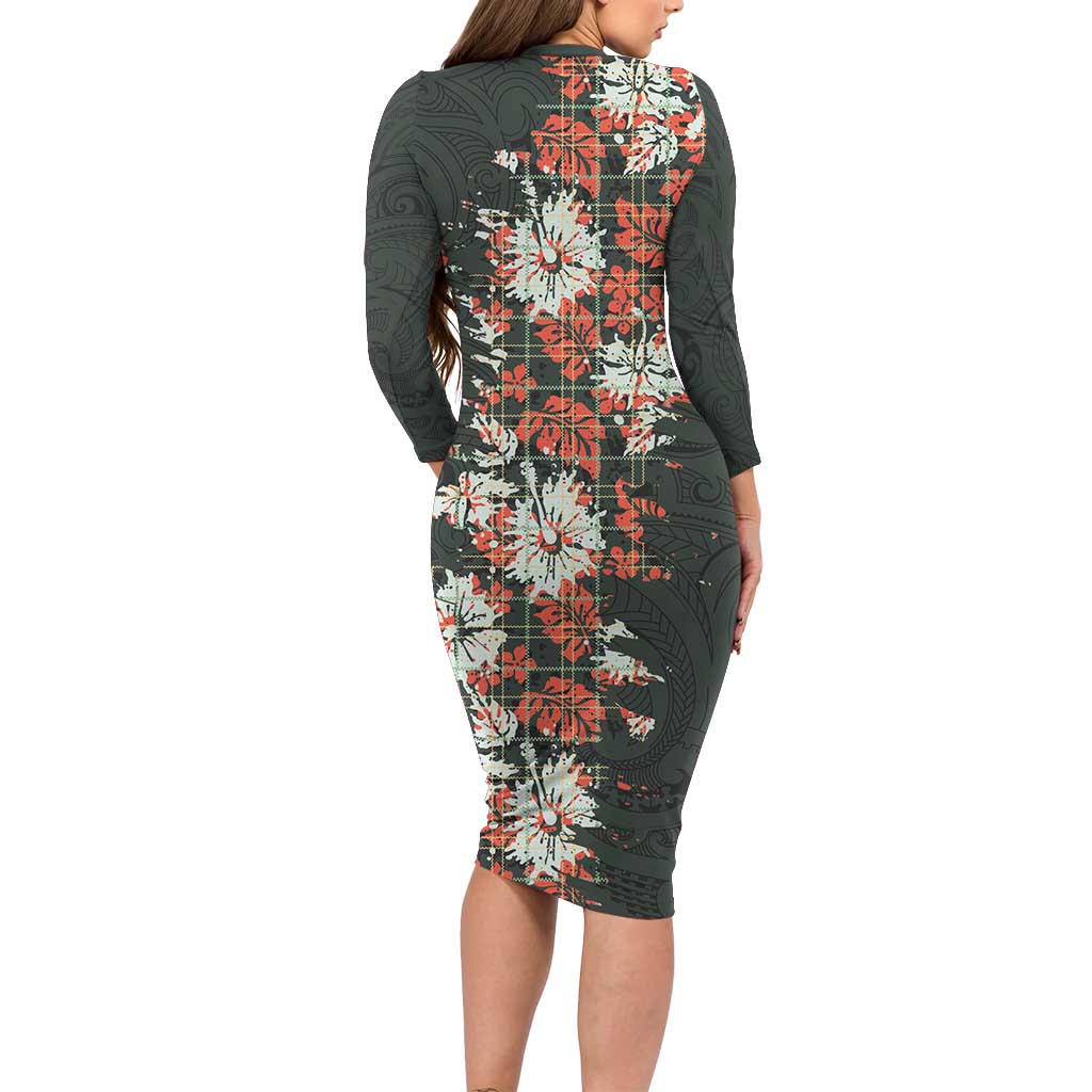 Hawaii Tartan With Hibiscus Long Sleeve Bodycon Dress Polynesian Pattern Vintage