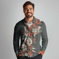 Hawaii Tartan With Hibiscus Long Sleeve Polo Shirt Polynesian Pattern Vintage