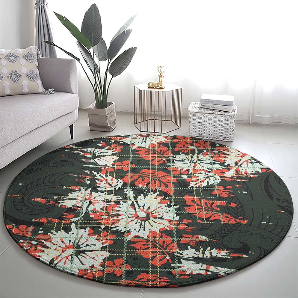 Hawaii Tartan With Hibiscus Round Carpet Polynesian Pattern Vintage