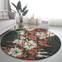 Hawaii Tartan With Hibiscus Round Carpet Polynesian Pattern Vintage
