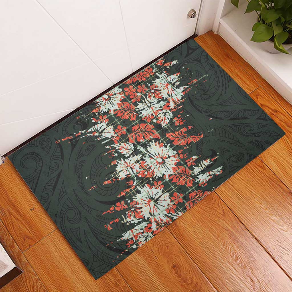 Hawaii Tartan With Hibiscus Rubber Doormat Polynesian Pattern Vintage