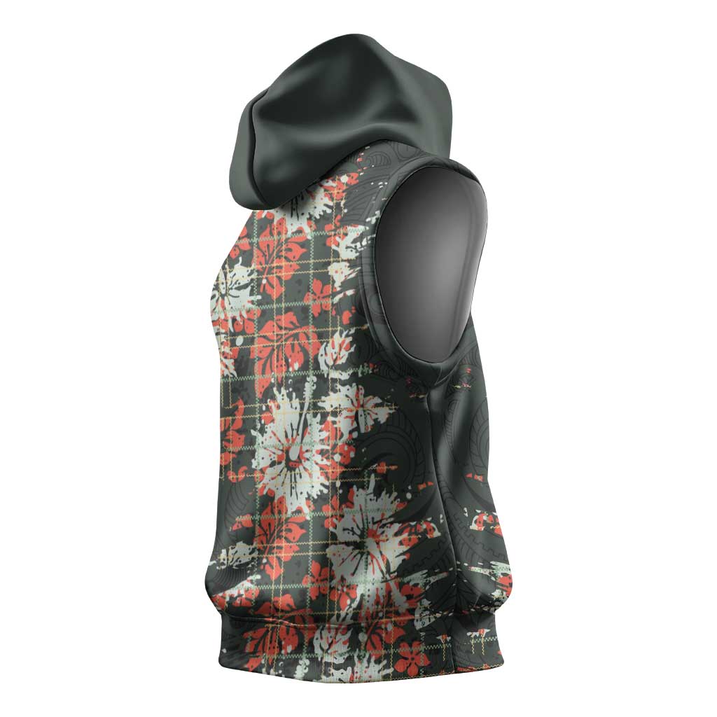 Hawaii Tartan With Hibiscus Sleeveless Hoodie Polynesian Pattern Vintage