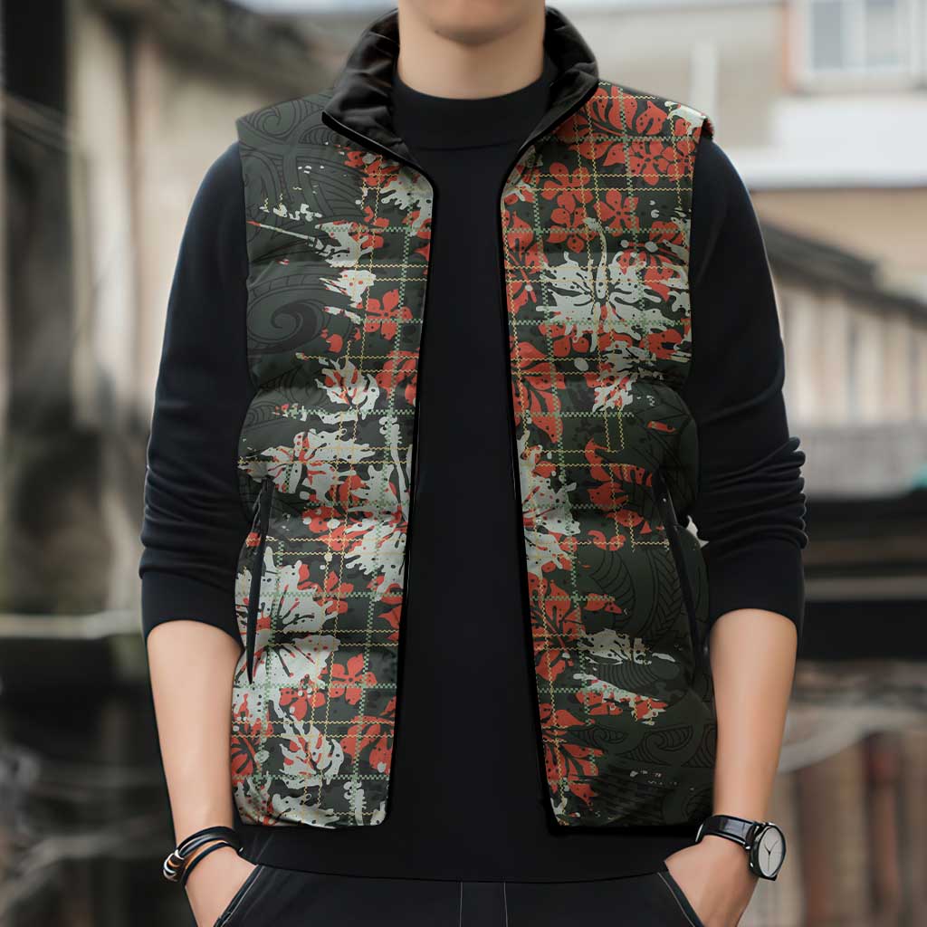 Hawaii Tartan With Hibiscus Sleeveless Puffer Jacket Polynesian Pattern Vintage