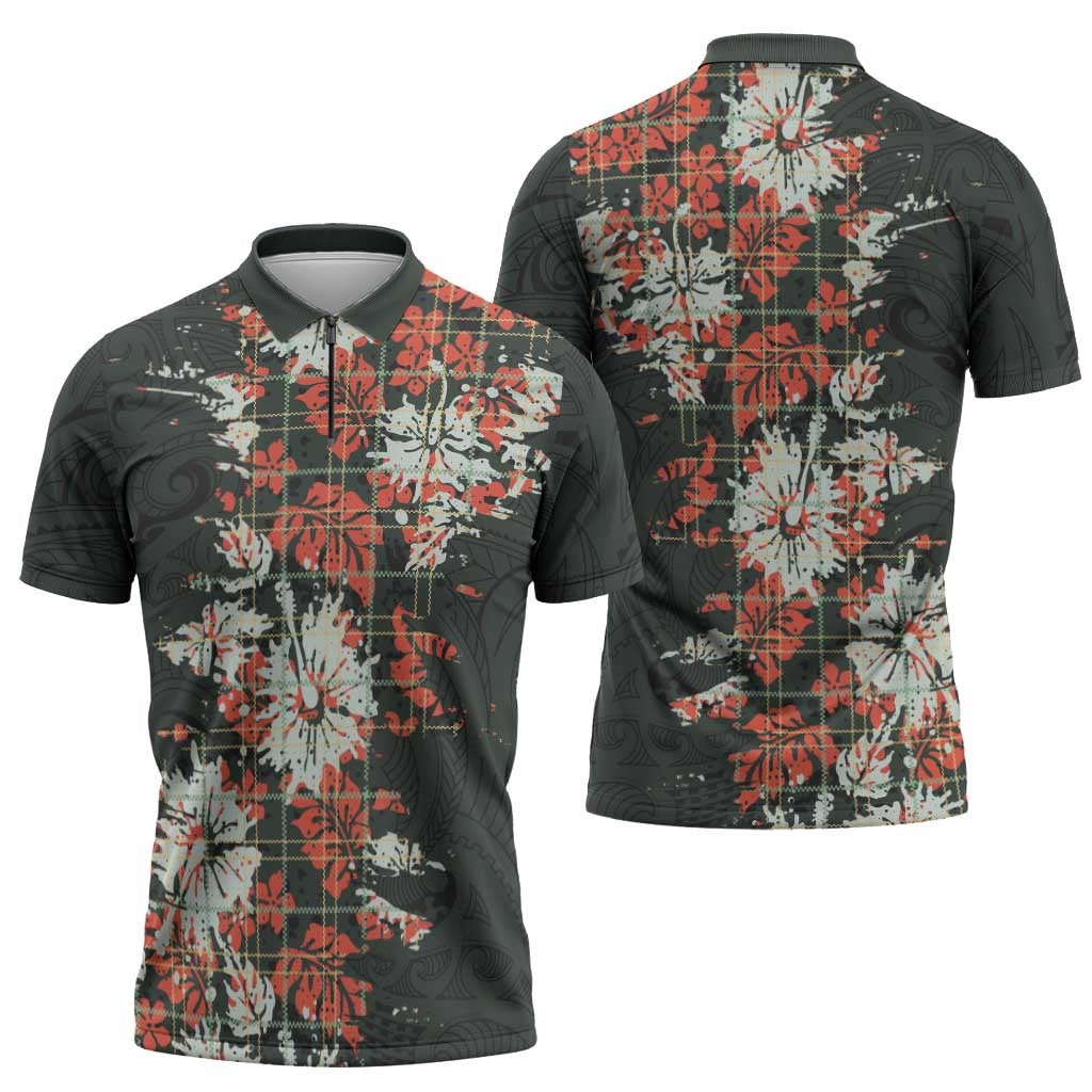 Hawaii Tartan With Hibiscus Zipper Polo Shirt Polynesian Pattern Vintage