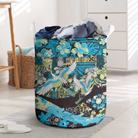 Japanese Hawaiian Crane Laundry Basket Blue Tapa Patchwork Pattern