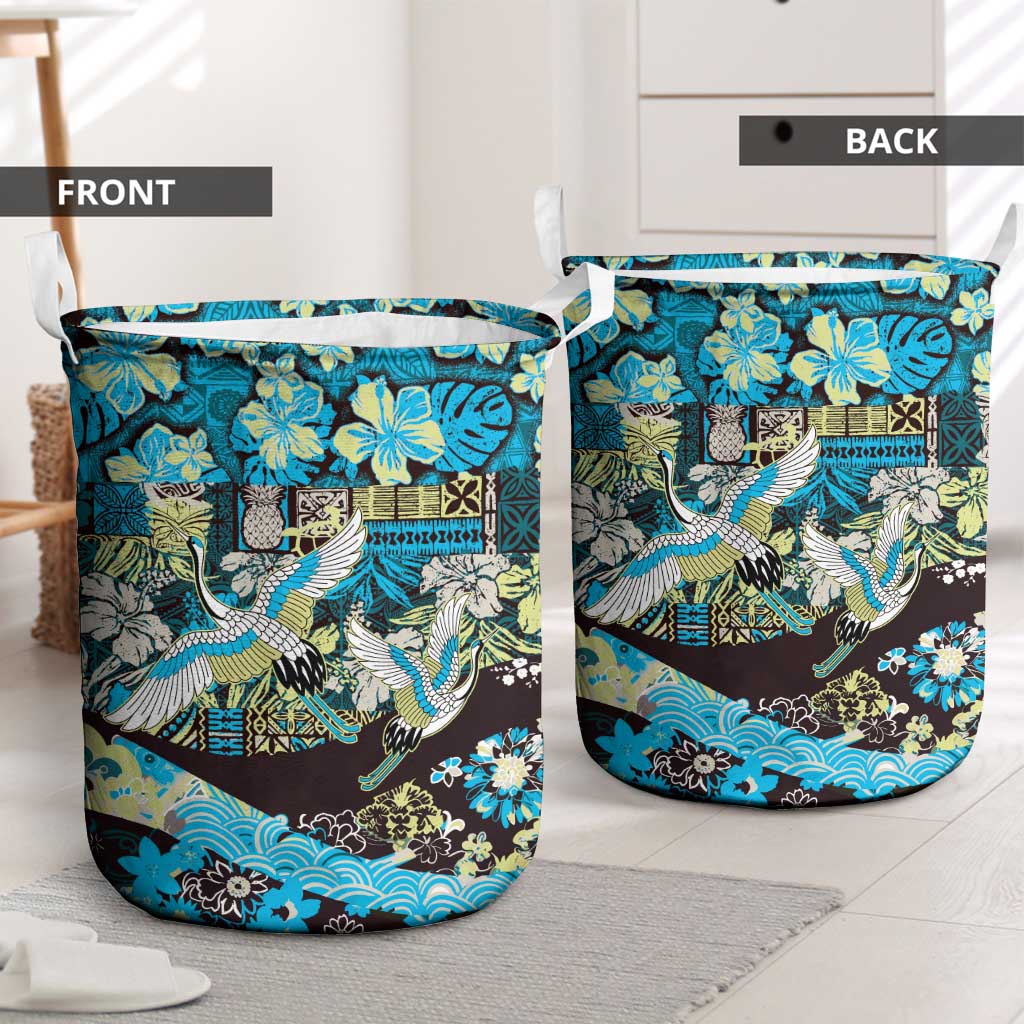 Japanese Hawaiian Crane Laundry Basket Blue Tapa Patchwork Pattern