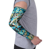 Japanese Hawaiian Crane Arm Sleeves Blue Tapa Patchwork Pattern