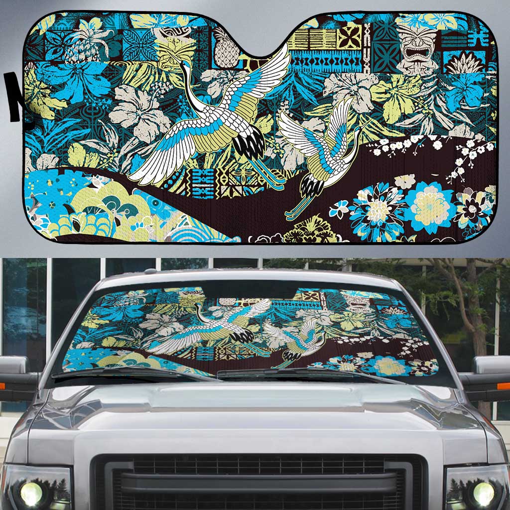 Japanese Hawaiian Crane Auto Sun Shade Blue Tapa Patchwork Pattern