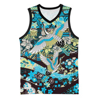 Japanese Hawaiian Crane Basketball Jersey Blue Tapa Patchwork Pattern