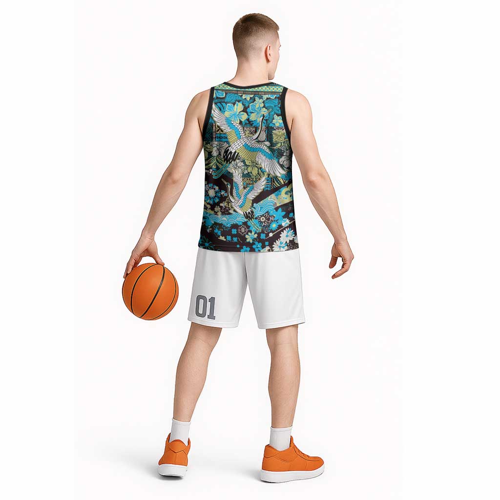 Japanese Hawaiian Crane Basketball Jersey Blue Tapa Patchwork Pattern
