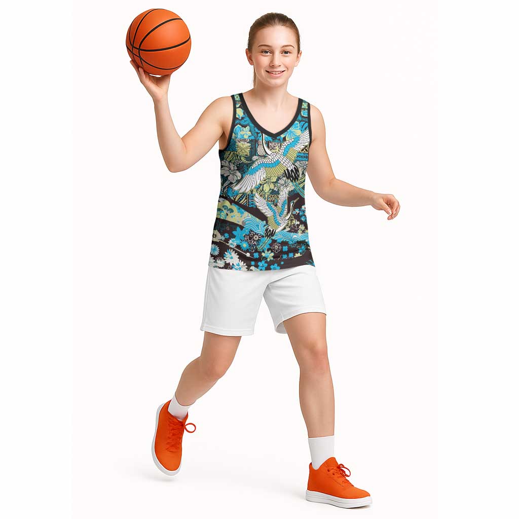 Japanese Hawaiian Crane Basketball Jersey Blue Tapa Patchwork Pattern