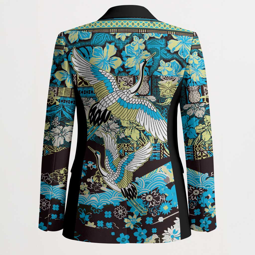 Japanese Hawaiian Crane Blazer Blue Tapa Patchwork Pattern