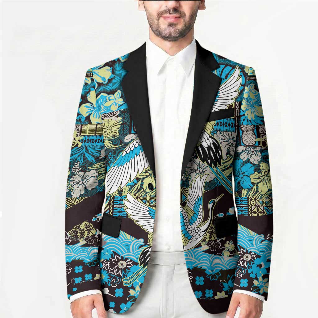 Japanese Hawaiian Crane Blazer Blue Tapa Patchwork Pattern