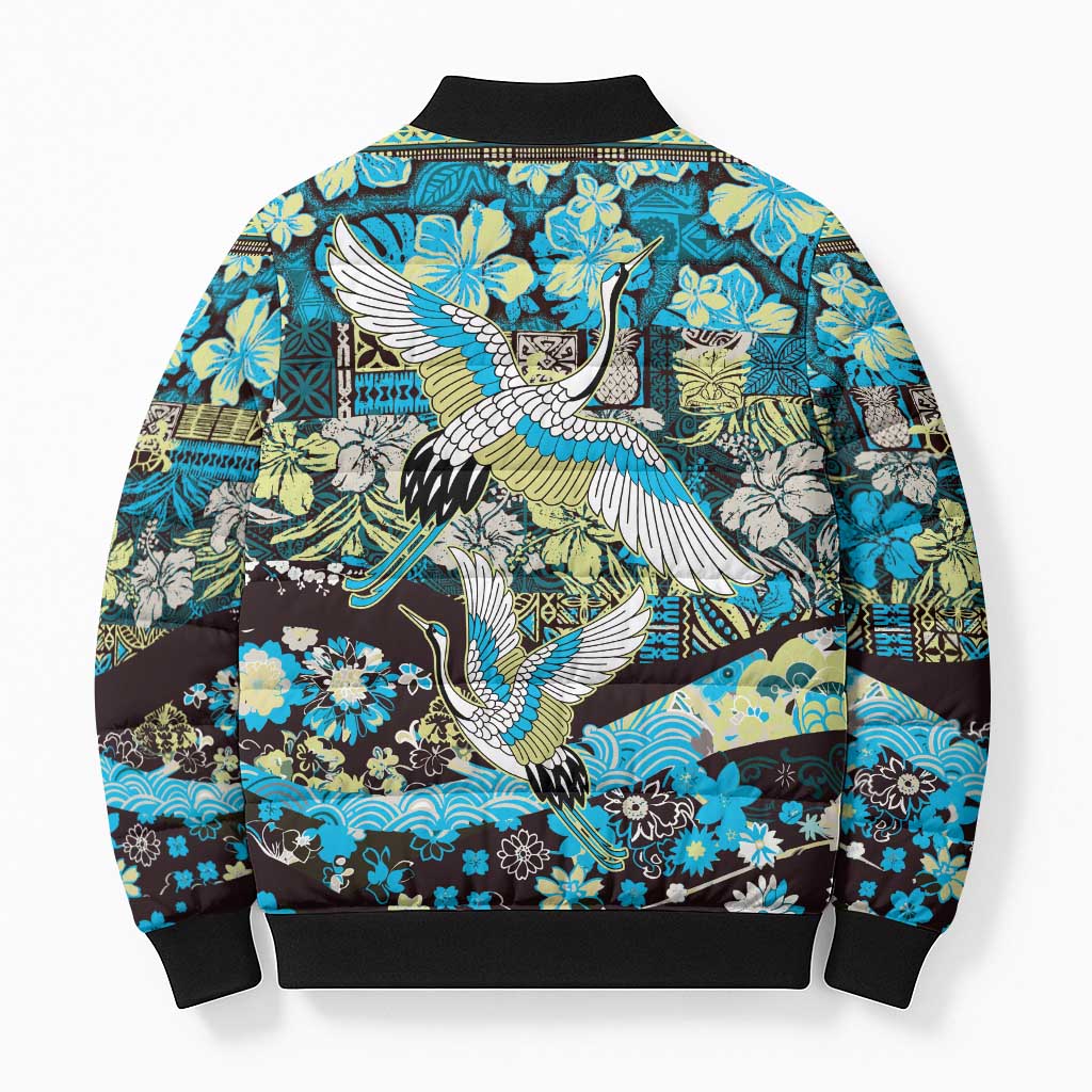 Japanese Hawaiian Crane Bomber Puffer Jacket Blue Tapa Patchwork Pattern