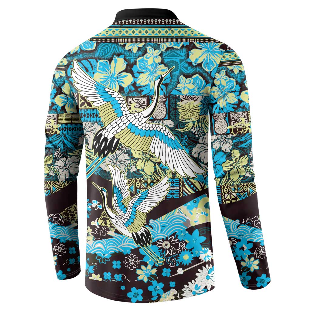 Japanese Hawaiian Crane Button Sweatshirt Blue Tapa Patchwork Pattern