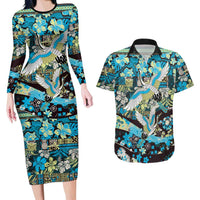 Japanese Hawaiian Crane Couples Matching Long Sleeve Bodycon Dress and Hawaiian Shirt Blue Tapa Patchwork Pattern