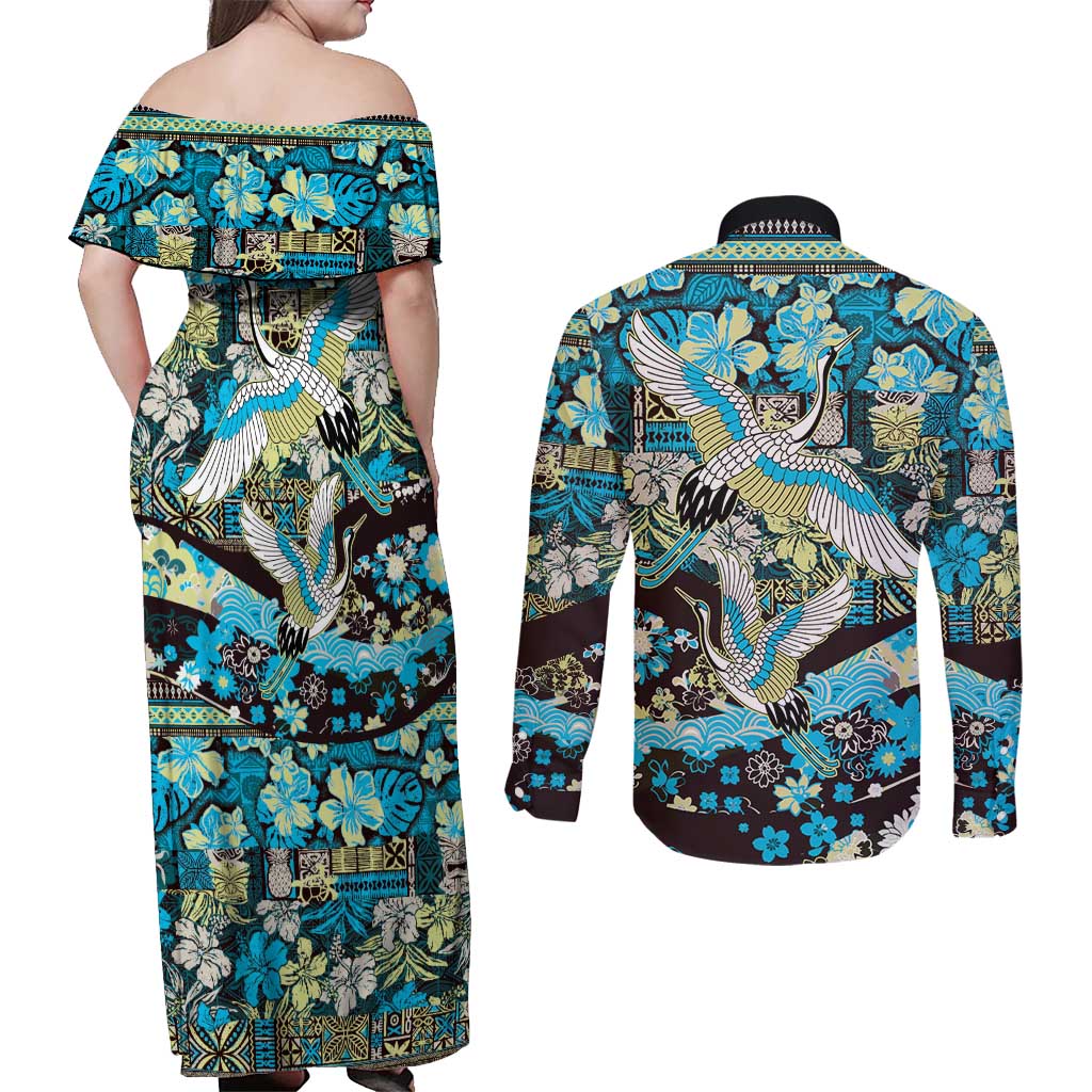 Japanese Hawaiian Crane Couples Matching Off Shoulder Maxi Dress and Long Sleeve Button Shirt Blue Tapa Patchwork Pattern