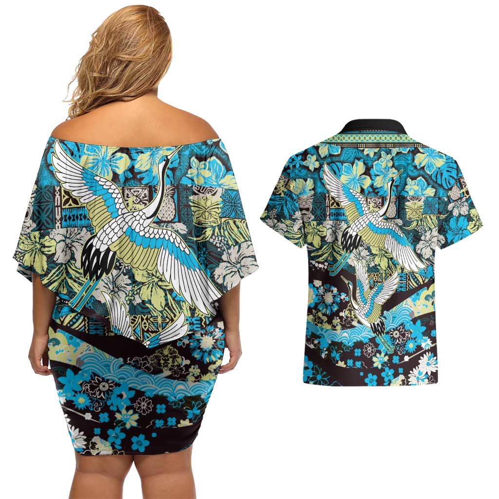 Japanese Hawaiian Crane Couples Matching Off Shoulder Short Dress and Hawaiian Shirt Blue Tapa Patchwork Pattern