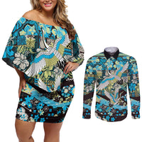 Japanese Hawaiian Crane Couples Matching Off Shoulder Short Dress and Long Sleeve Button Shirt Blue Tapa Patchwork Pattern