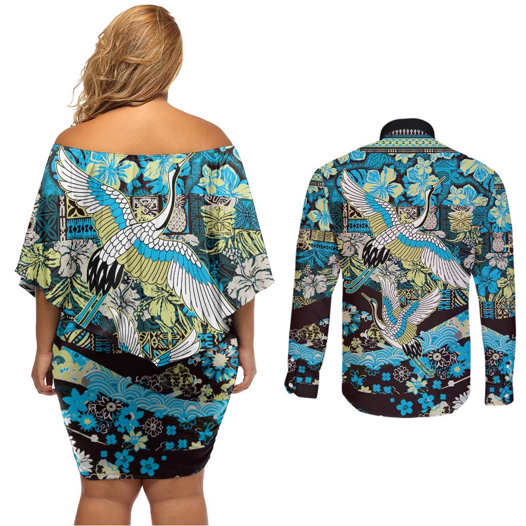 Japanese Hawaiian Crane Couples Matching Off Shoulder Short Dress and Long Sleeve Button Shirt Blue Tapa Patchwork Pattern