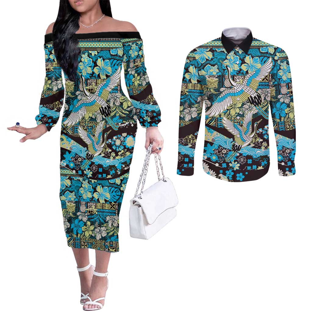 Japanese Hawaiian Crane Couples Matching Off The Shoulder Long Sleeve Dress and Long Sleeve Button Shirt Blue Tapa Patchwork Pattern